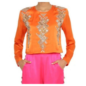 Payal Singhal Amynah Orange Satin Hamsa Embroidered Top Long Sleeve NEW